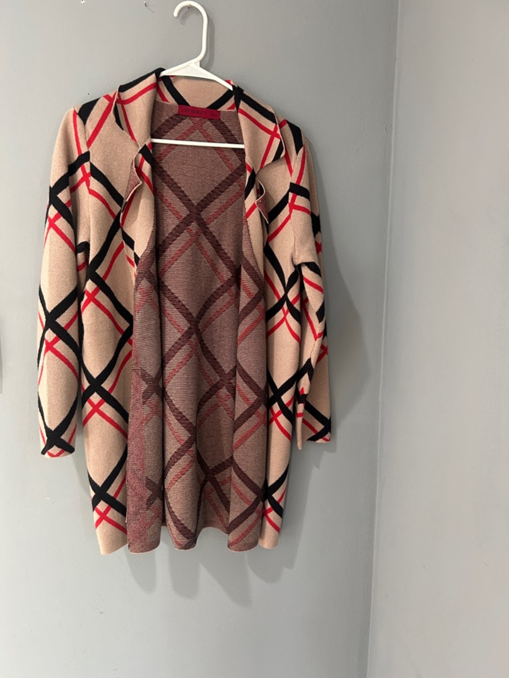 Plaid Open-Front Long Cardigan Sweater - Beige, Black & Red